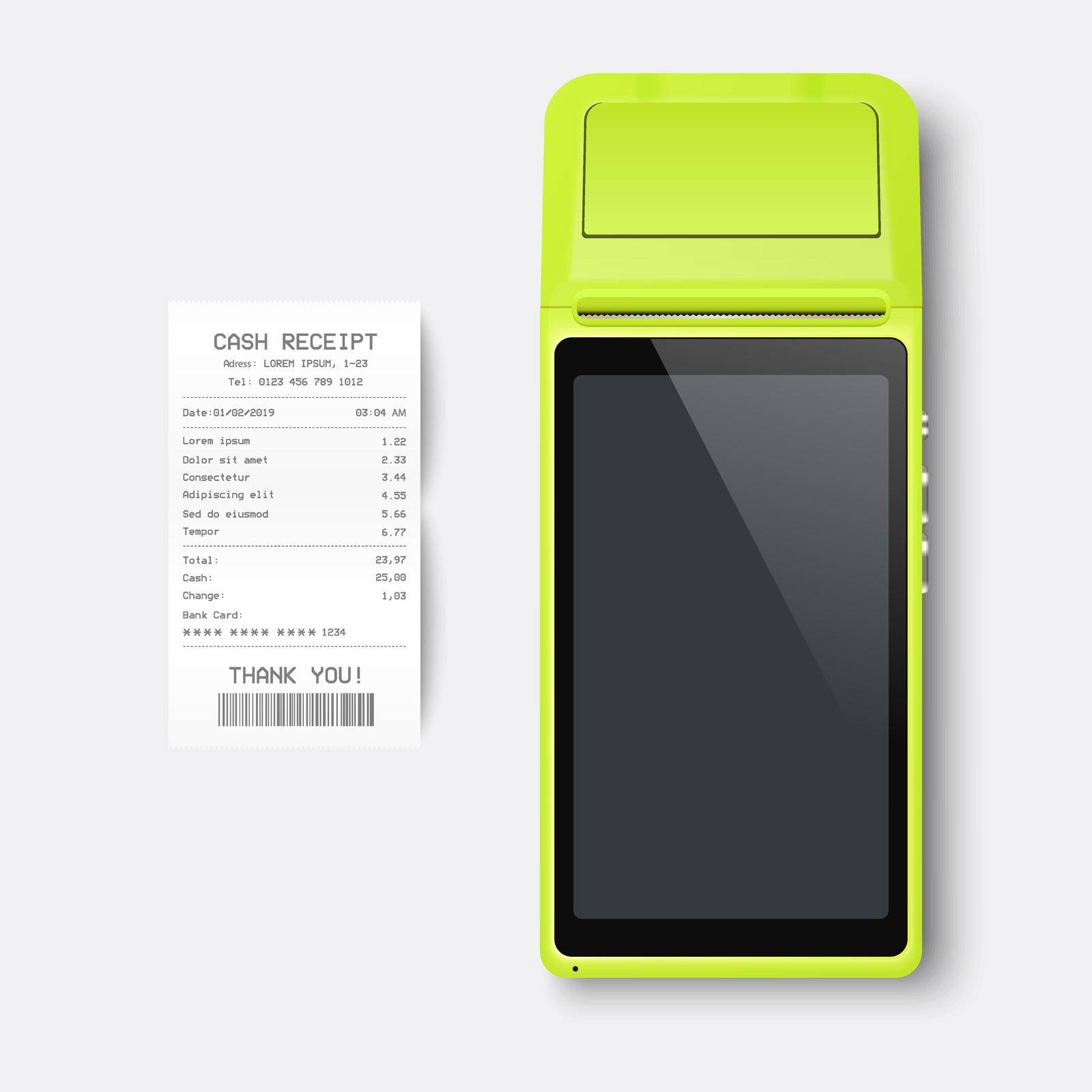 Vector 3d Black NFC Payment Machine and Paper Check, Receipt Isolated. Wi-fi, Wireless Payment. POS Terminal, Machine Design Template of Bank Payment Contactless Terminal, Mockup. Top VIew.
