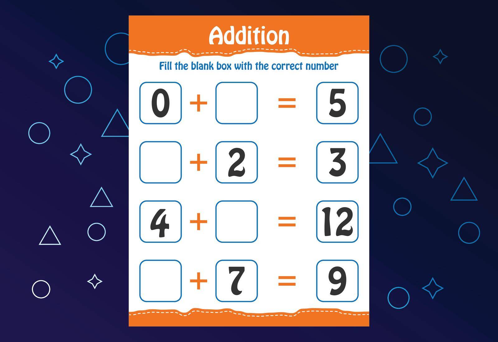 Basic math addition for kids. Fill the blank box with the correct number. Worksheet for kids by busrat
