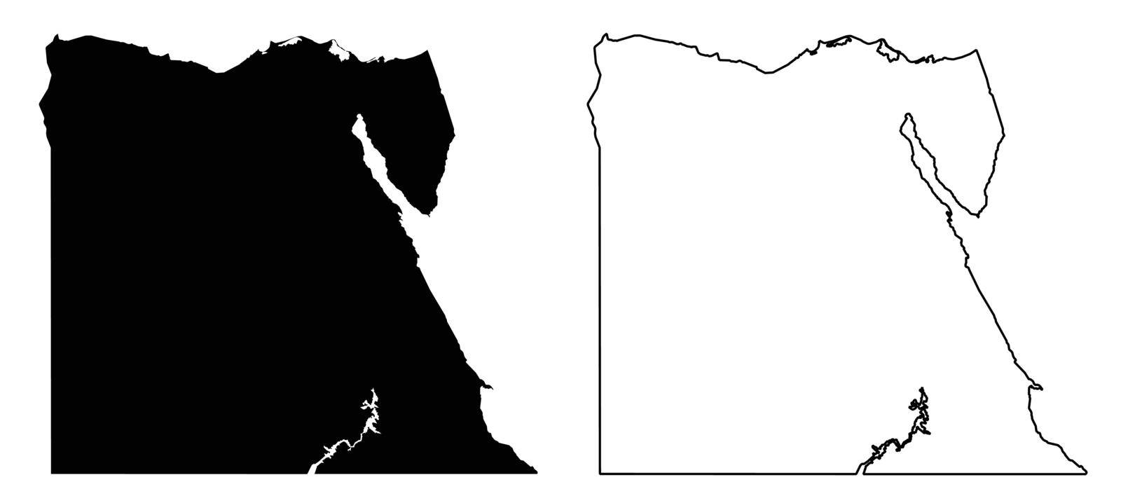 Simple (only sharp corners) map of Egypt vector drawing. Mercator projection. Filled and outline version.