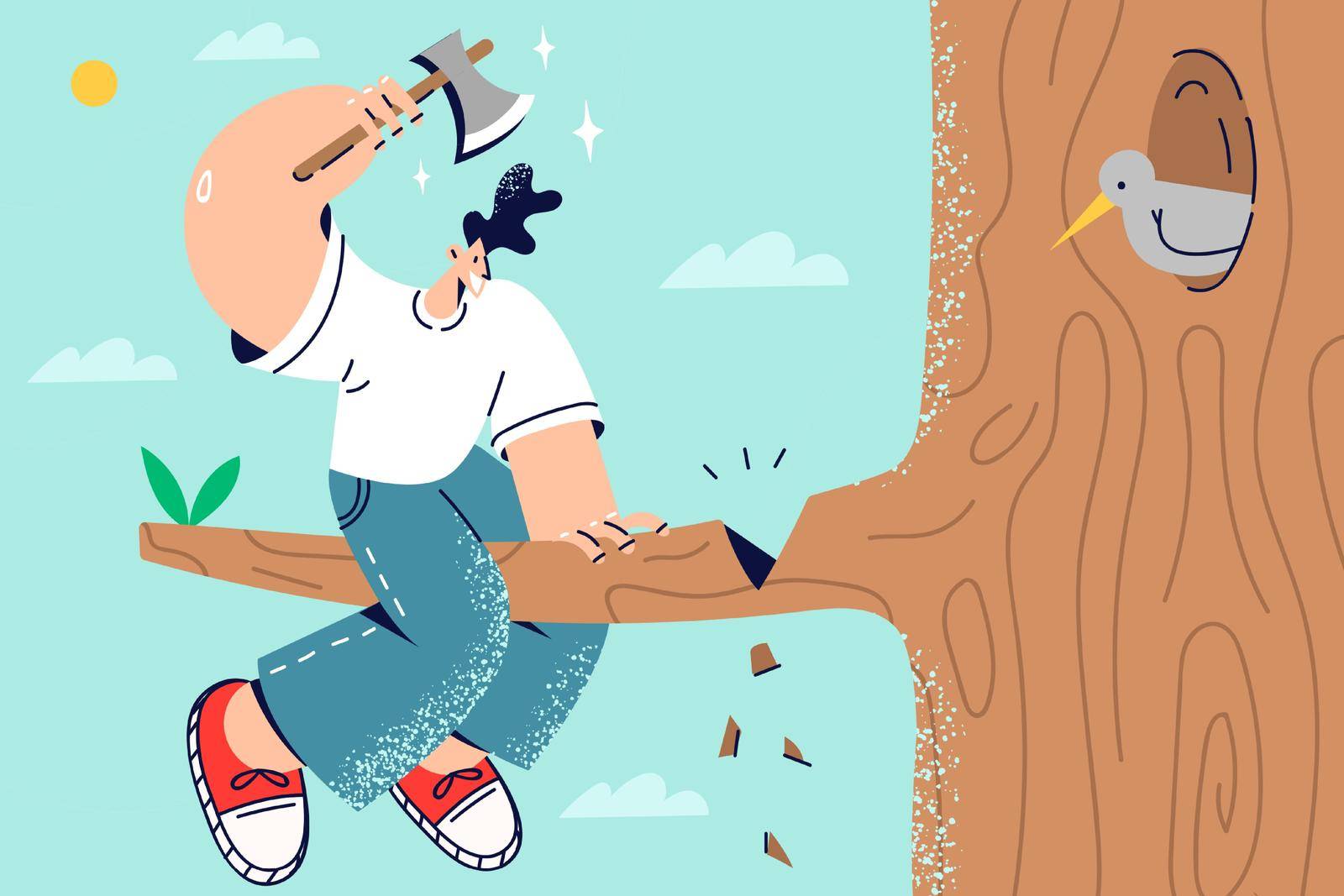 Stupid man cut branch where he sit. Unreasonable male employee involved in risky business affair. Vector illustration.
