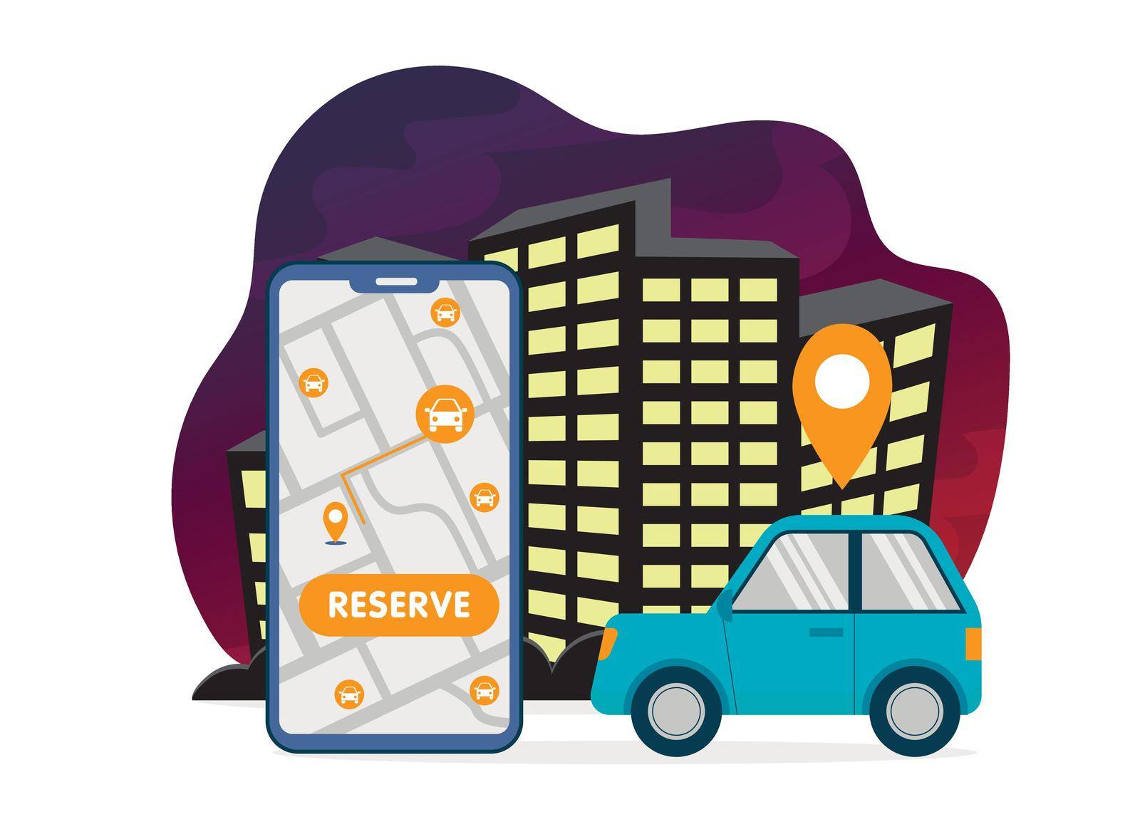 Simple car sharing illustration with big smartphone with free car search and reservation map and pink car in flat style on night city skyscrapers background by Zoya_Zozulya