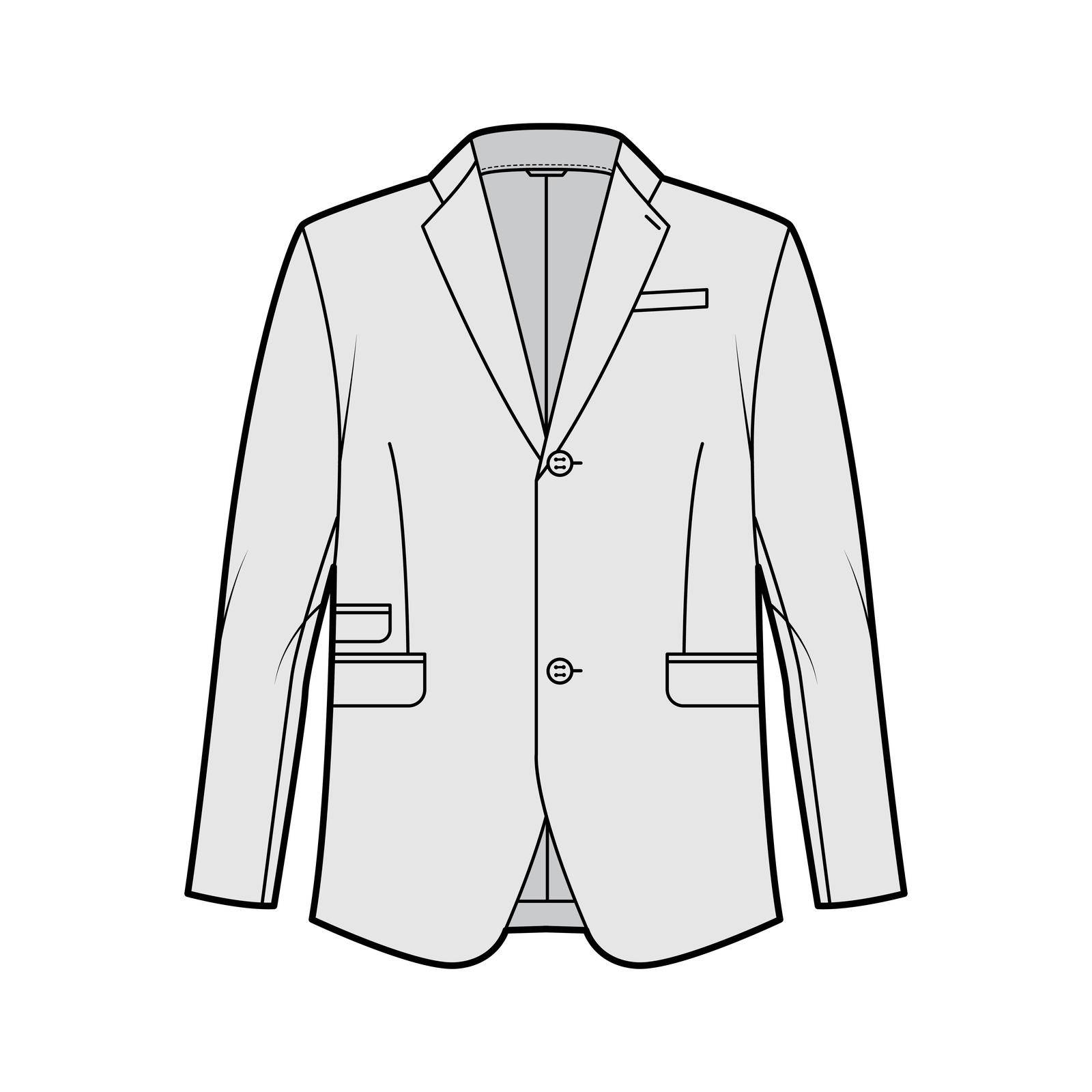 Tailored jacket lounge suit technical fashion illustration with long sleeves, notched lapel collar, flap went pockets. Flat coat template front, grey color style. Women, men, unisex top CAD mockup