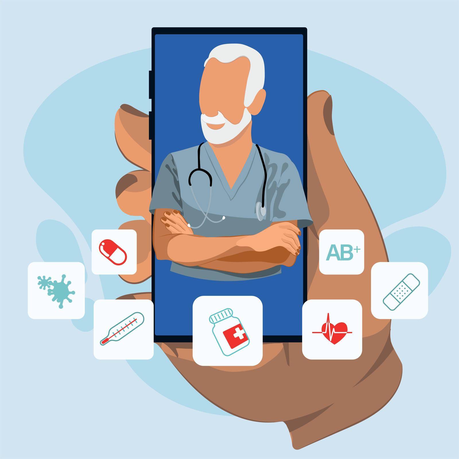 The doctor is on the phone Call a doctor Online doctor s consultation. Laboratory analyzes online View videos or video chat with the doctor Vector illustration