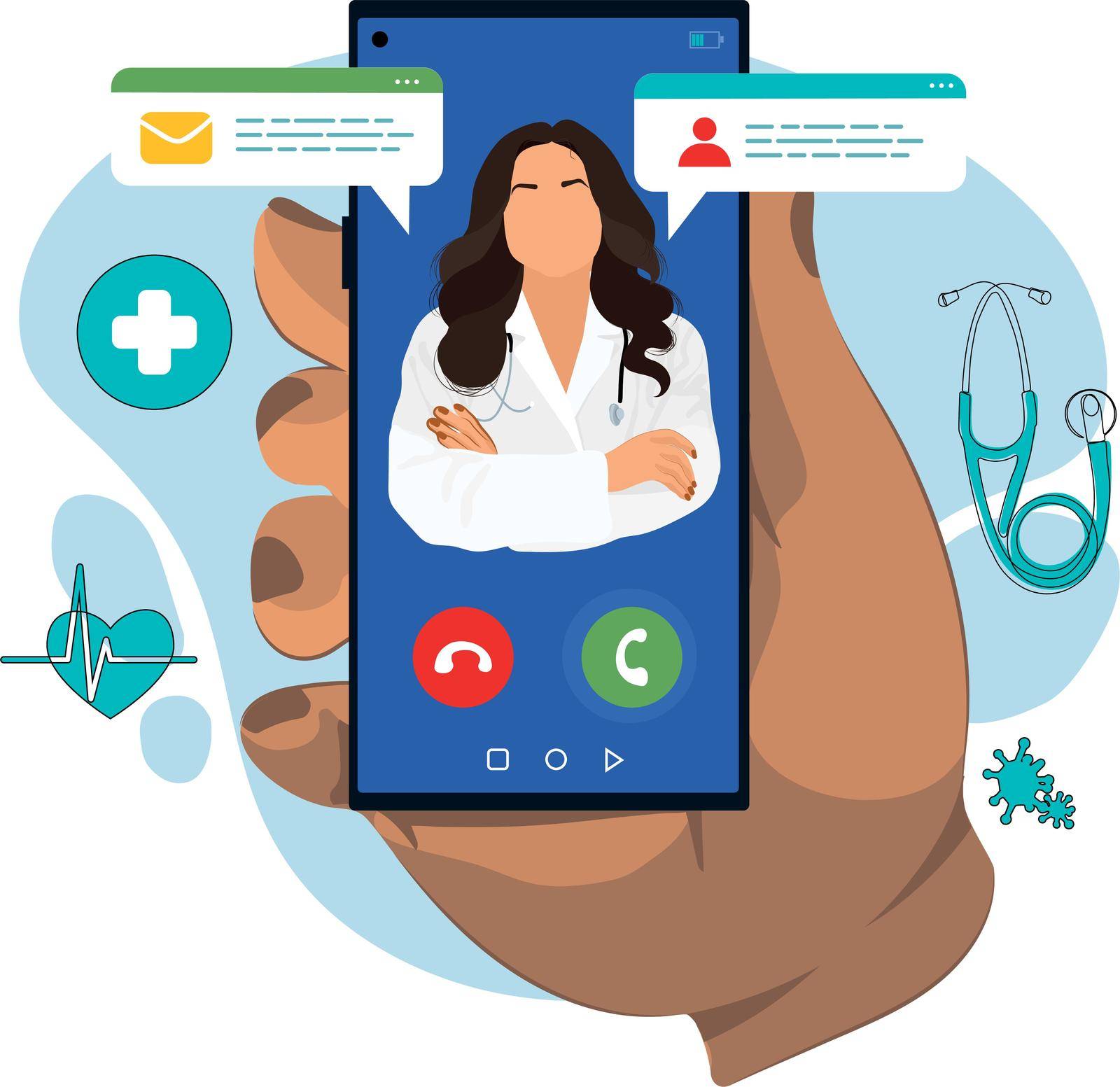 The doctor is on the phone Call a doctor Online doctor s consultation. Laboratory analyzes online View videos or video chat with the doctor Vector illustration