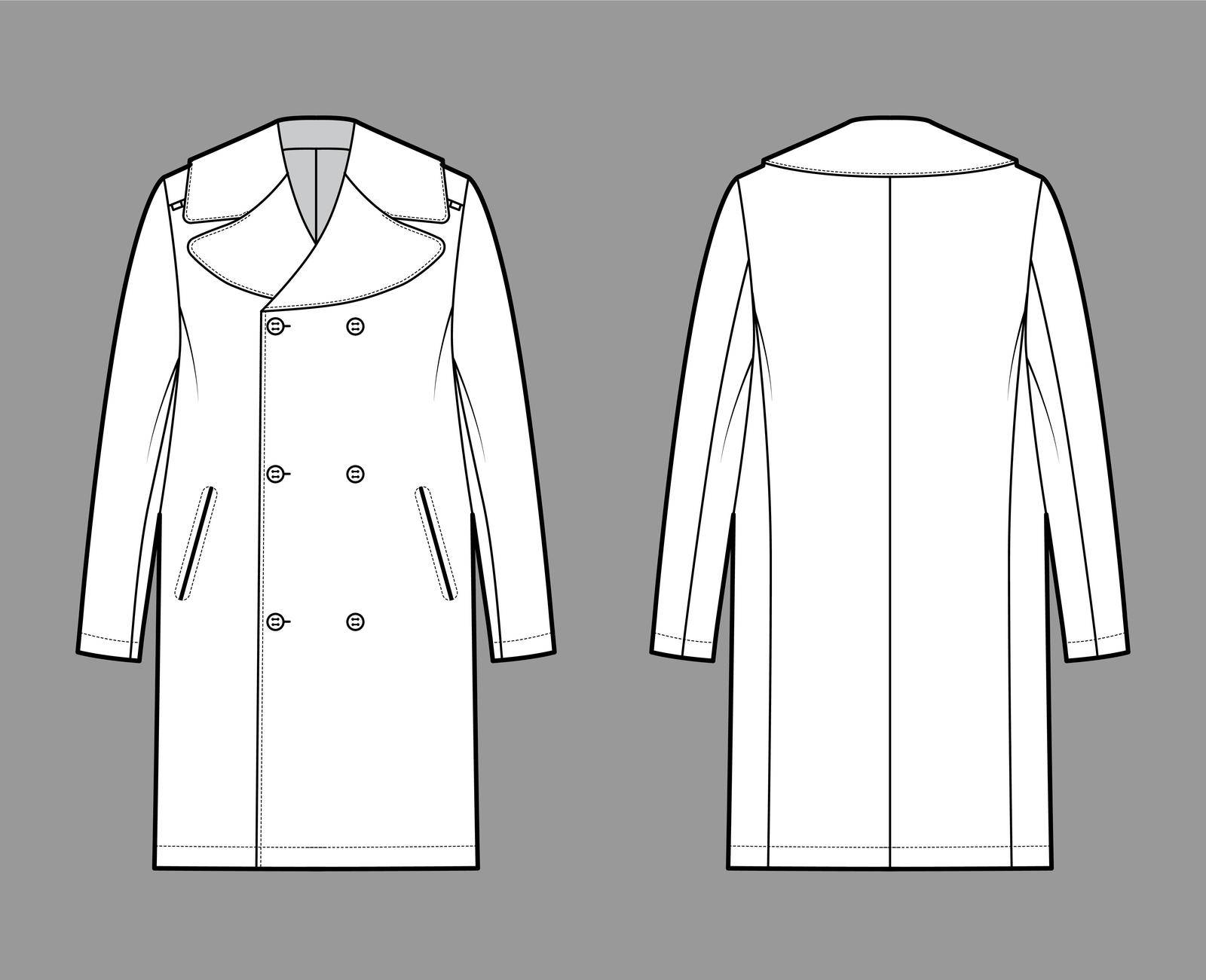 Reefer overcoat technical fashion illustration with double breasted, knee length, tailored button-up collar, epaulettes. Flat jacket template front, back, white color. Women, men unisex top CAD mockup