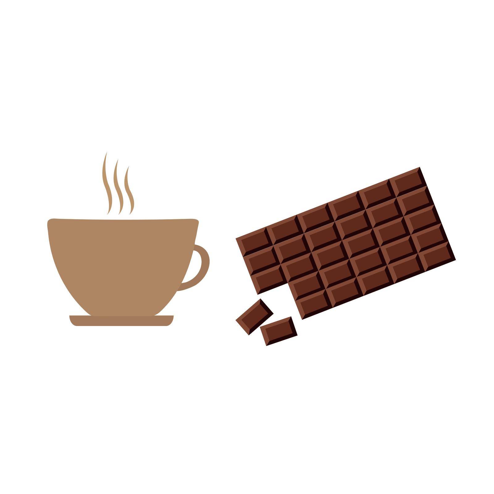 A cup of coffee and a bar of chocolate on a white background. Vector illustration in a flat style.