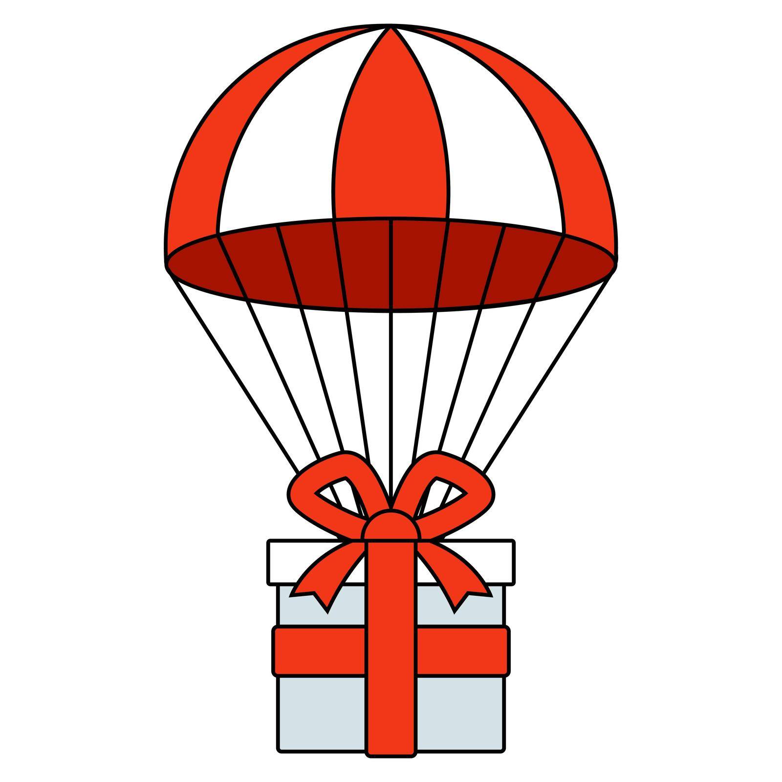 parachute with a gift descends to the ground. send a parcel by air. flat vector illustration.