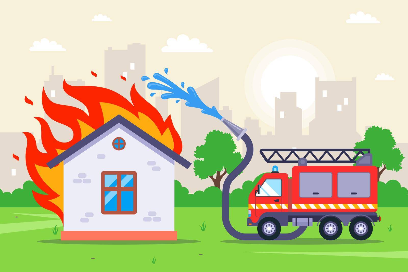 firefighters extinguish a wooden burning house. fire hose with water. flat vector illustration.
