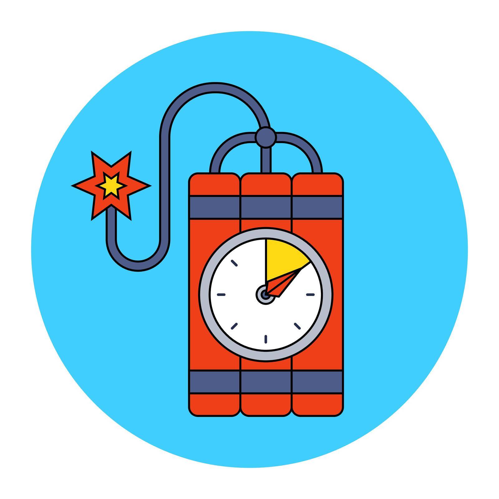 red dynamite with a stopwatch and a burning wick. the bomb will go off soon. flat vector illustration