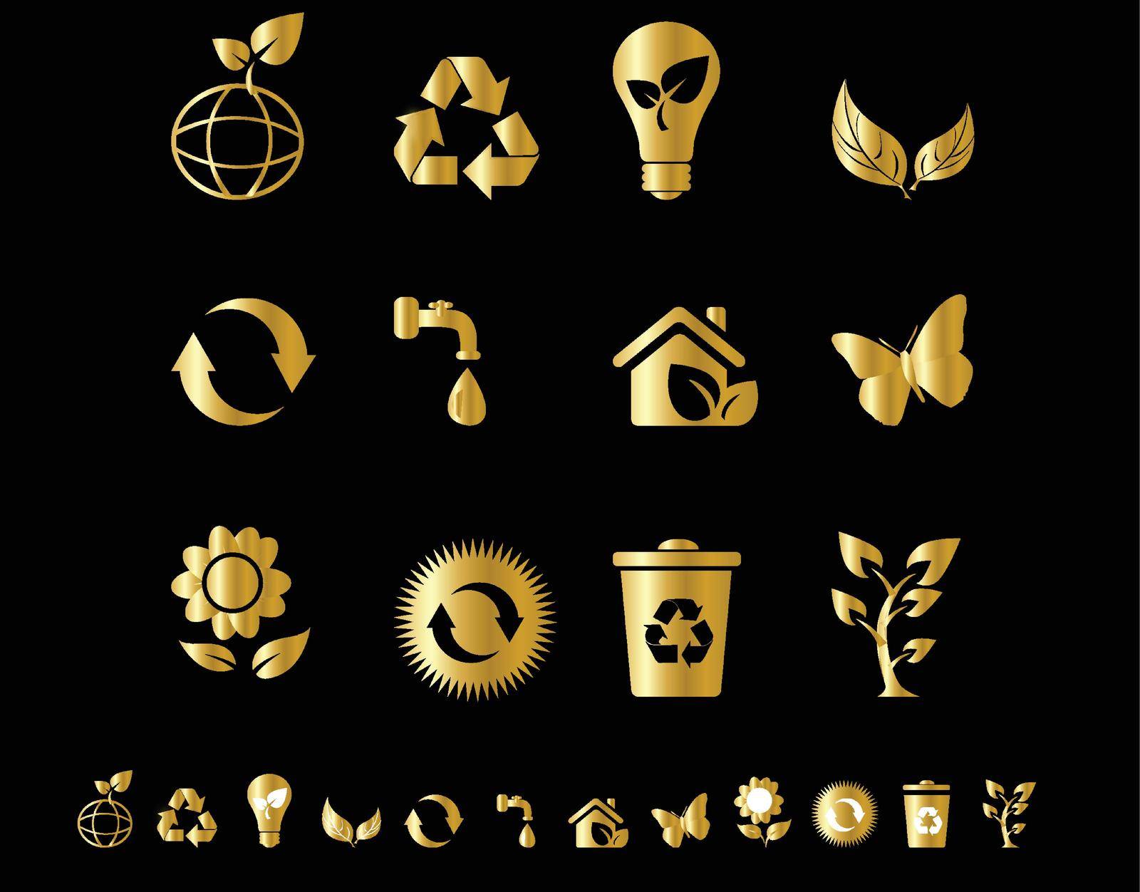 Gold eco icons isolate on black background by Vinhsino