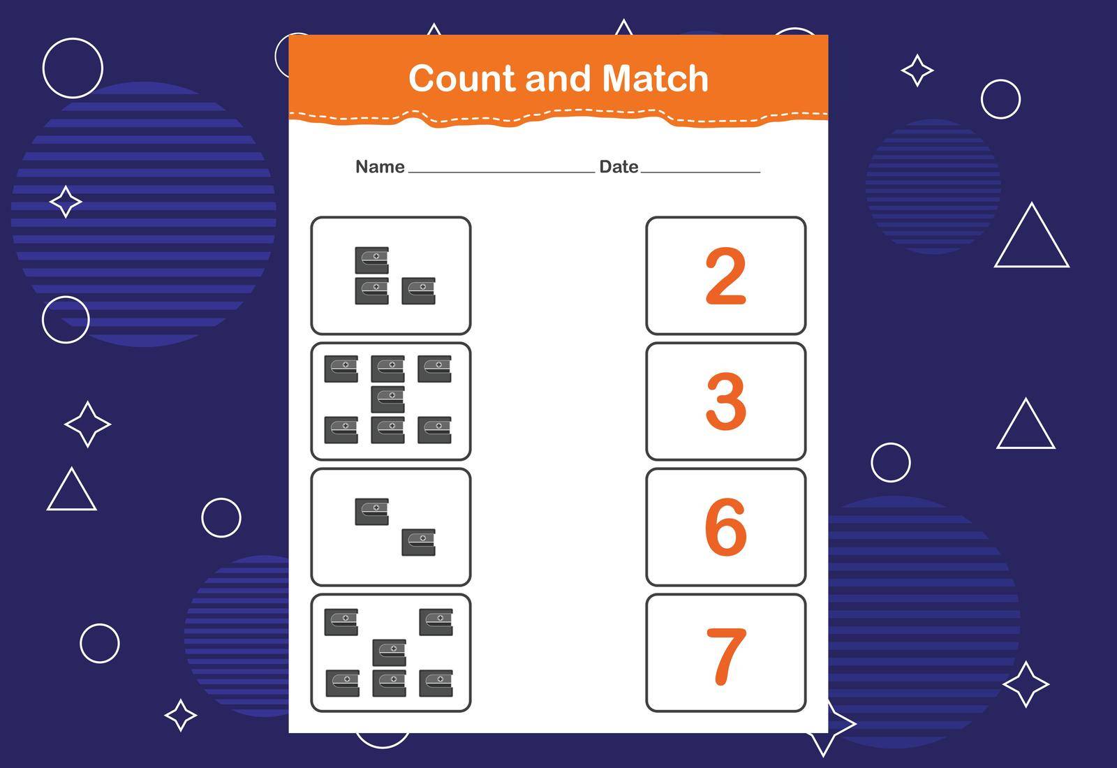 Count and Match worksheet for kids. Count and match with the correct number. Matching education game. by busrat