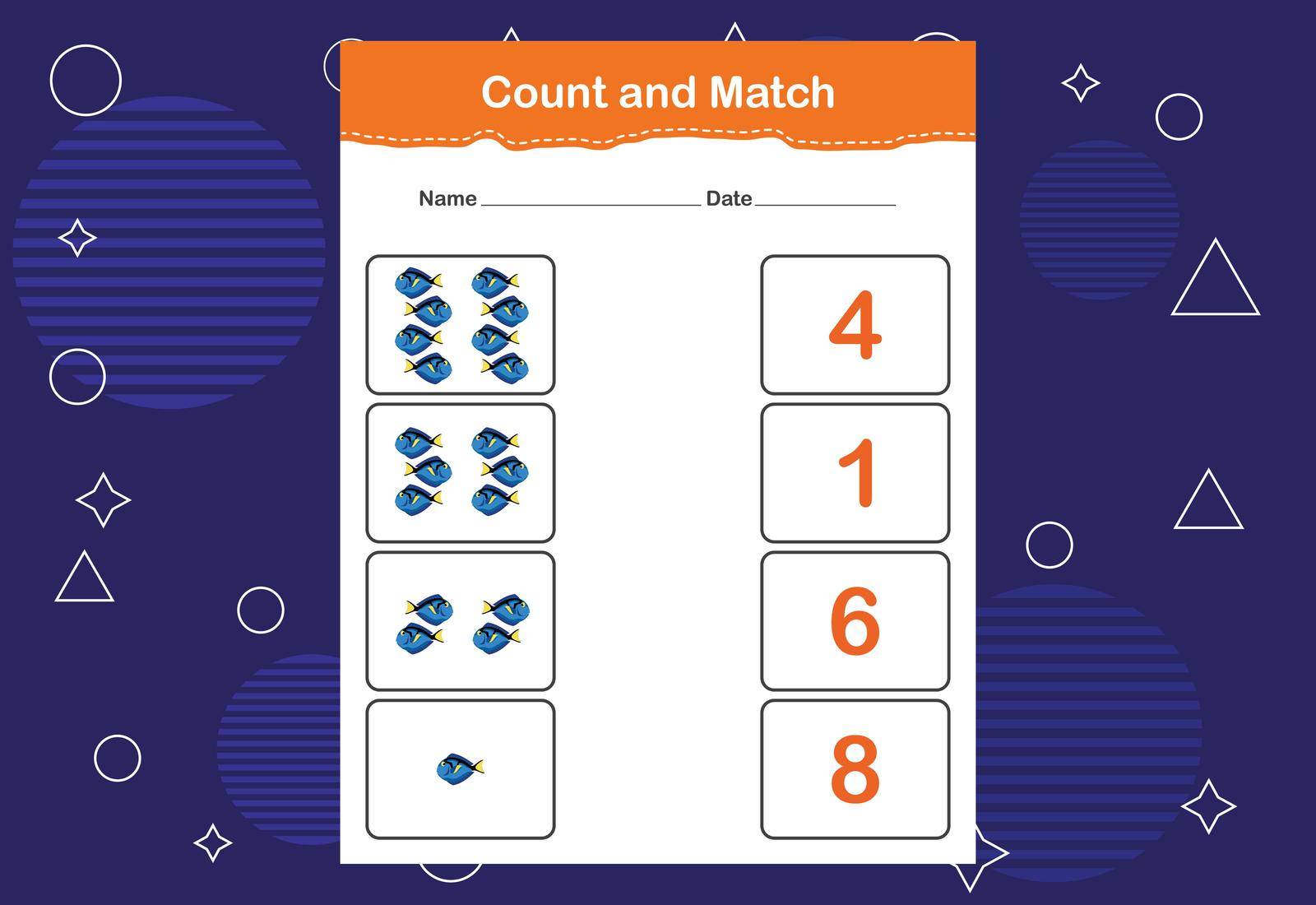 Count and match with the correct number. Matching education game. Count how many items and choose the correct number by busrat