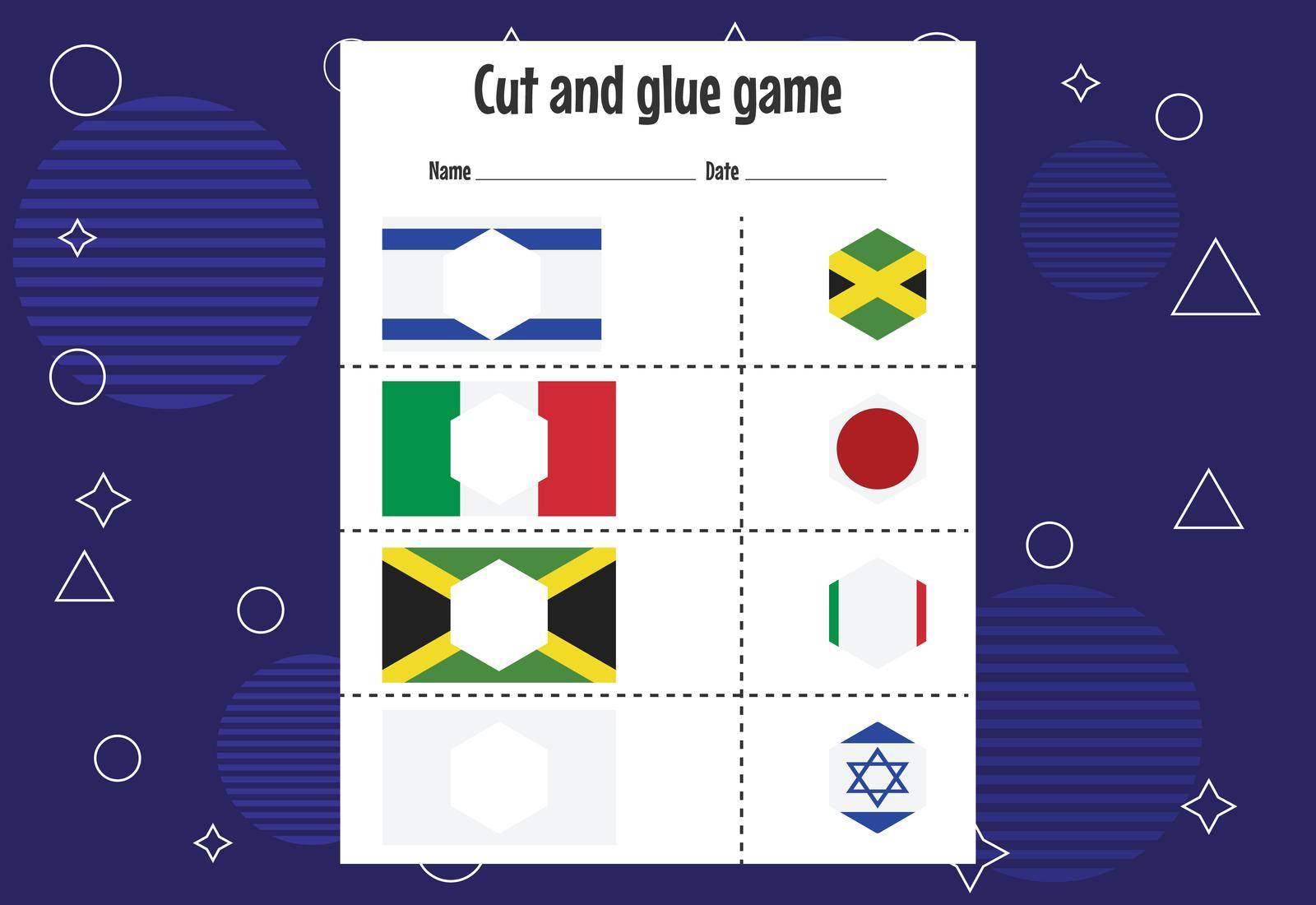 Cut and glue game for kids with country flag. Cutting practice for preschoolers. Education paper game for children by busrat