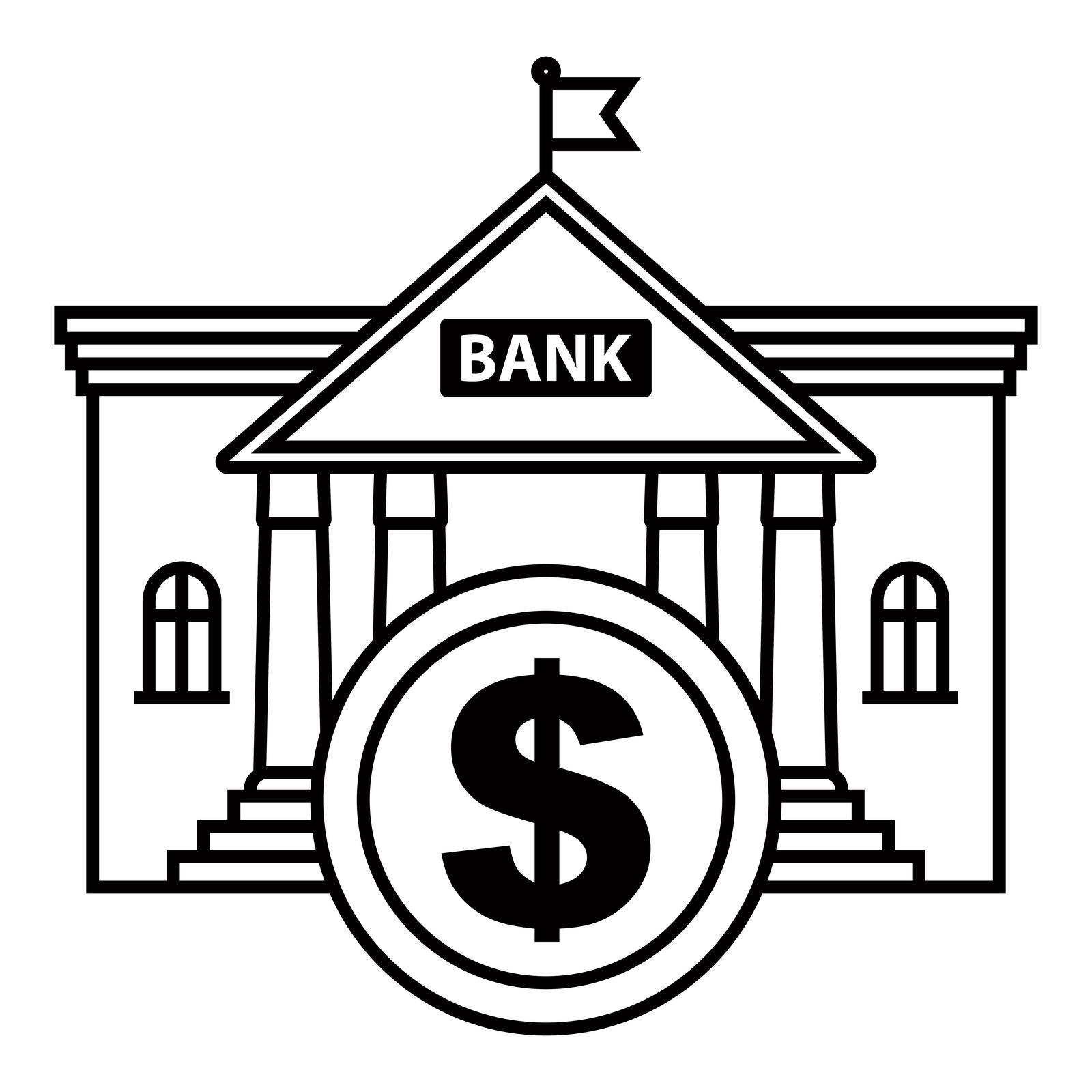 black icon bank building with golden dollar coin. lend money. flat vector illustration.