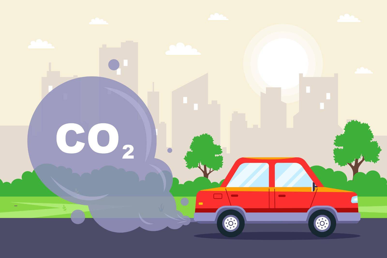 the car produces a large amount of exhaust gases. delusional substances CO2. flat vector illustration.