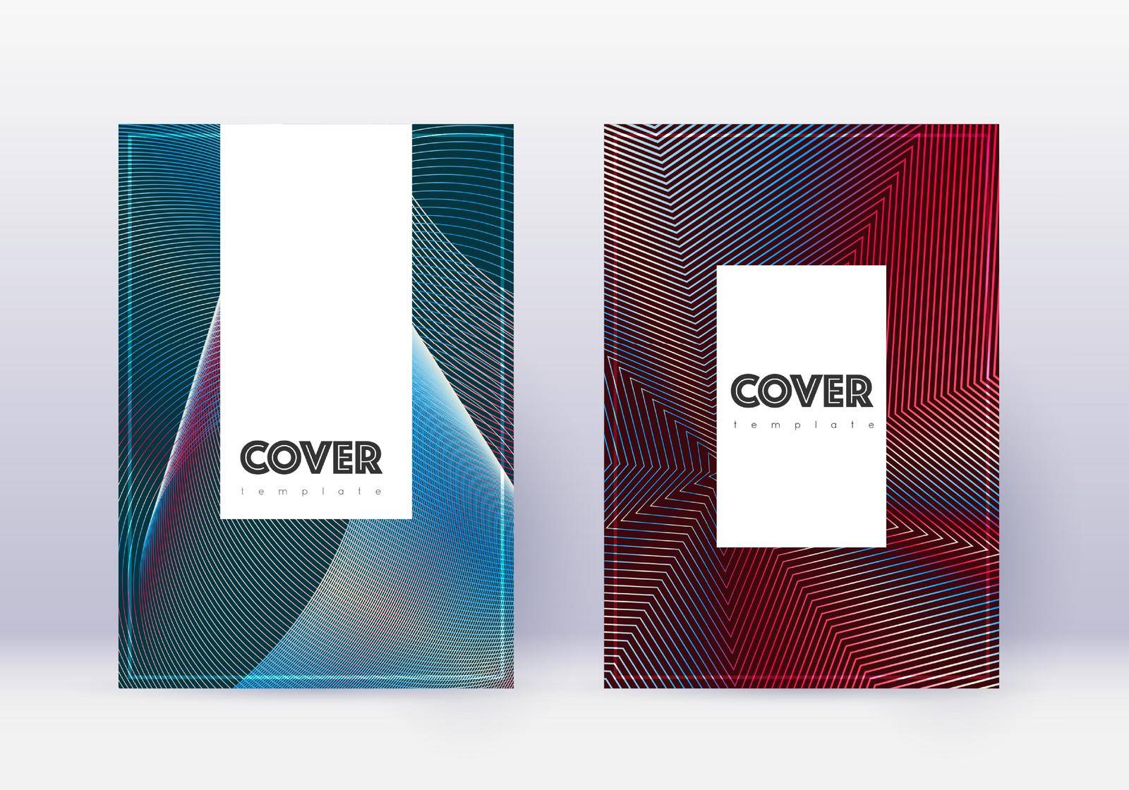 Hipster cover design template set. Red abstract lines on white blue background. Classy cover design. Memorable catalog, poster, book template etc.