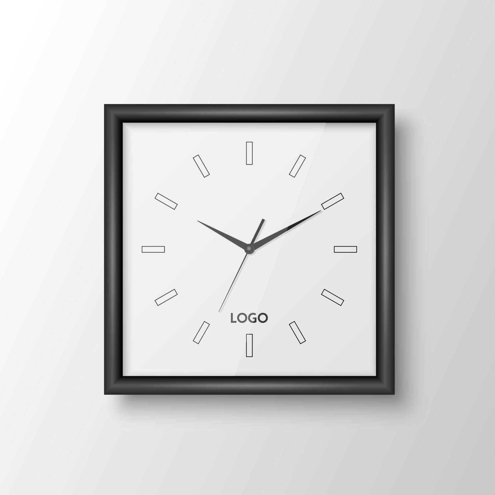 Vector 3d Realistic Square Wall Office Clock with Black Frame, Design Template Isolated on White. Dial with Roman Numerals. Mock-up of Wall Clock for Branding and Advertise Isolated. Clock Face Design.