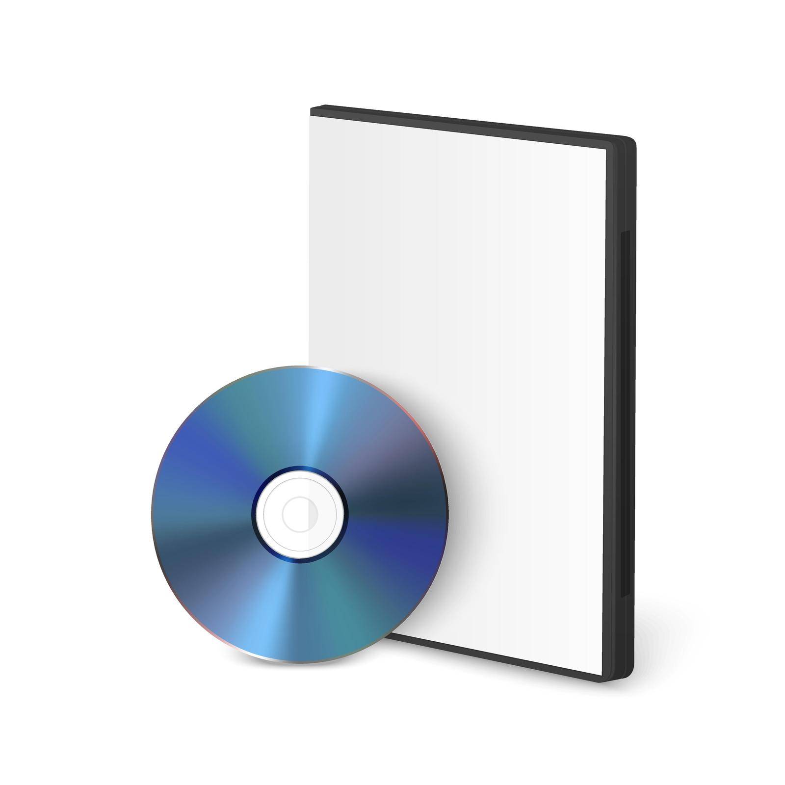 Vector 3d Realistic Blue CD, DVD with Case Isolated on White. CD Box, Packaging Design Template for Mockup. Compact Disk Icon, Front View by Gomolach