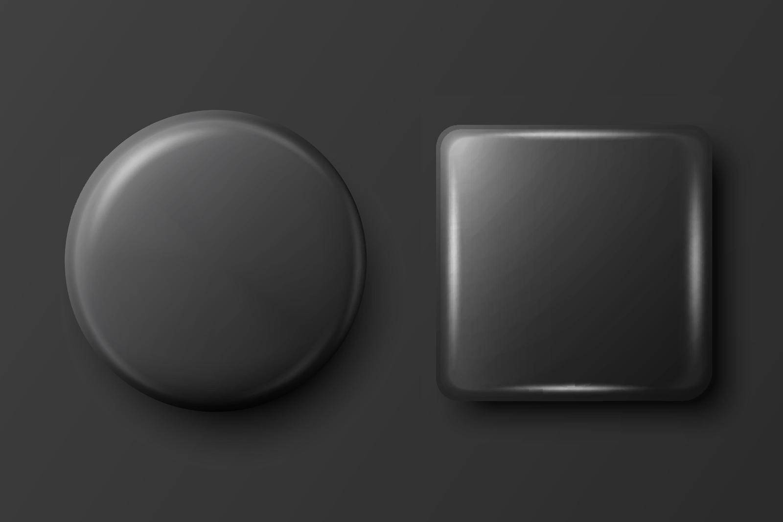 Vector 3d Realistic Round and Square Black Metal, Plastic Blank Empty Button Badge Set Isolated - Front View. Button Pin Badge. Glossy Brooch Pin. Top View. Template for Branding, Mock-up.