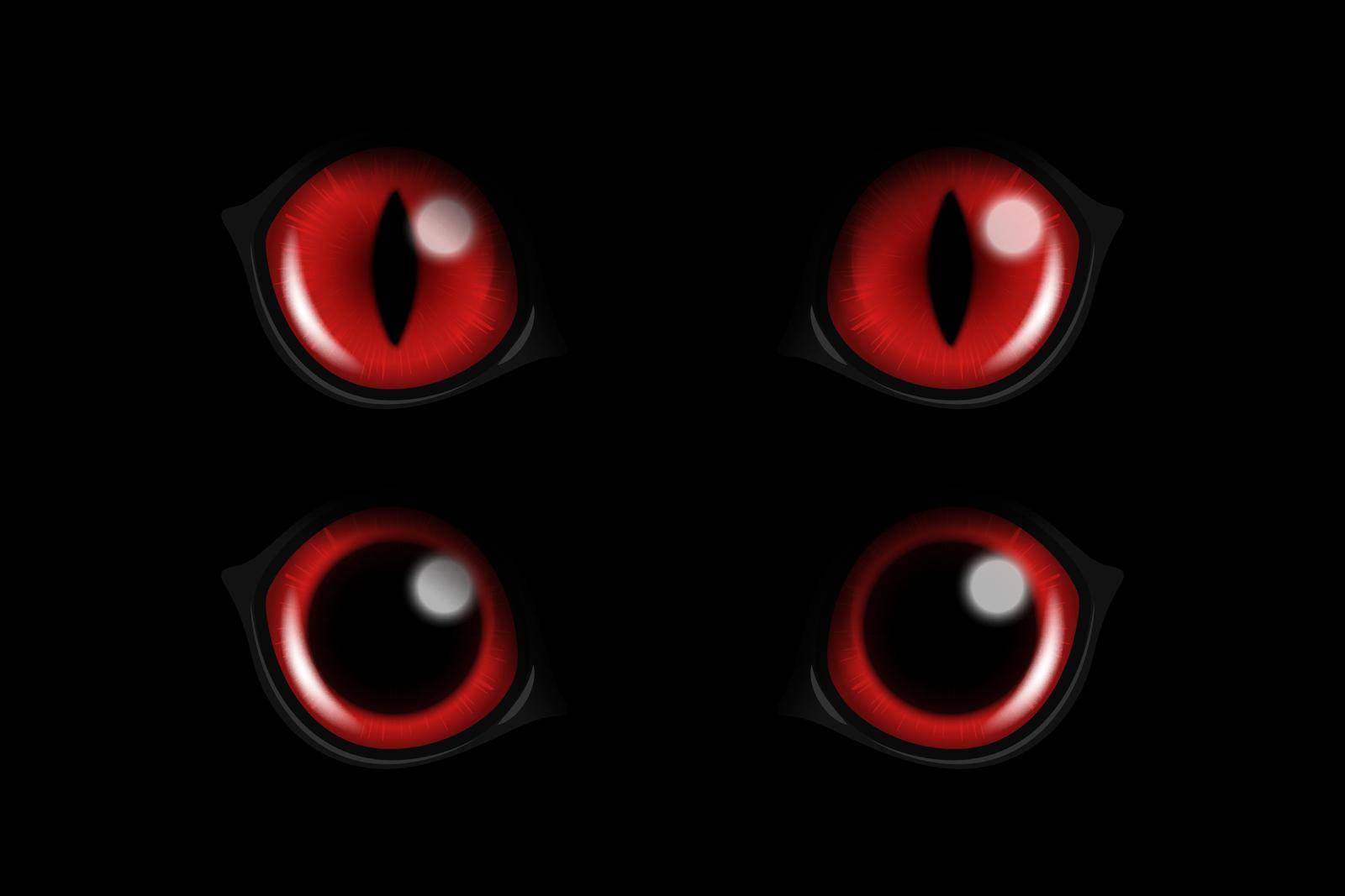 Vector 3d Realistic Red Round Glowing Cats Eyes of a Black Cat Set. Cat Look in the Dark Black Background Closeup. Glowing Cat or Panther Eyes.