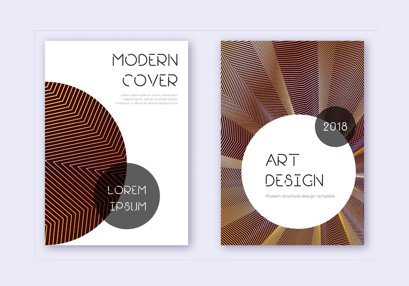 Trendy cover design template set. Gold abstract lines on maroon background. Gorgeous cover design. Bold catalog, poster, book template etc.
