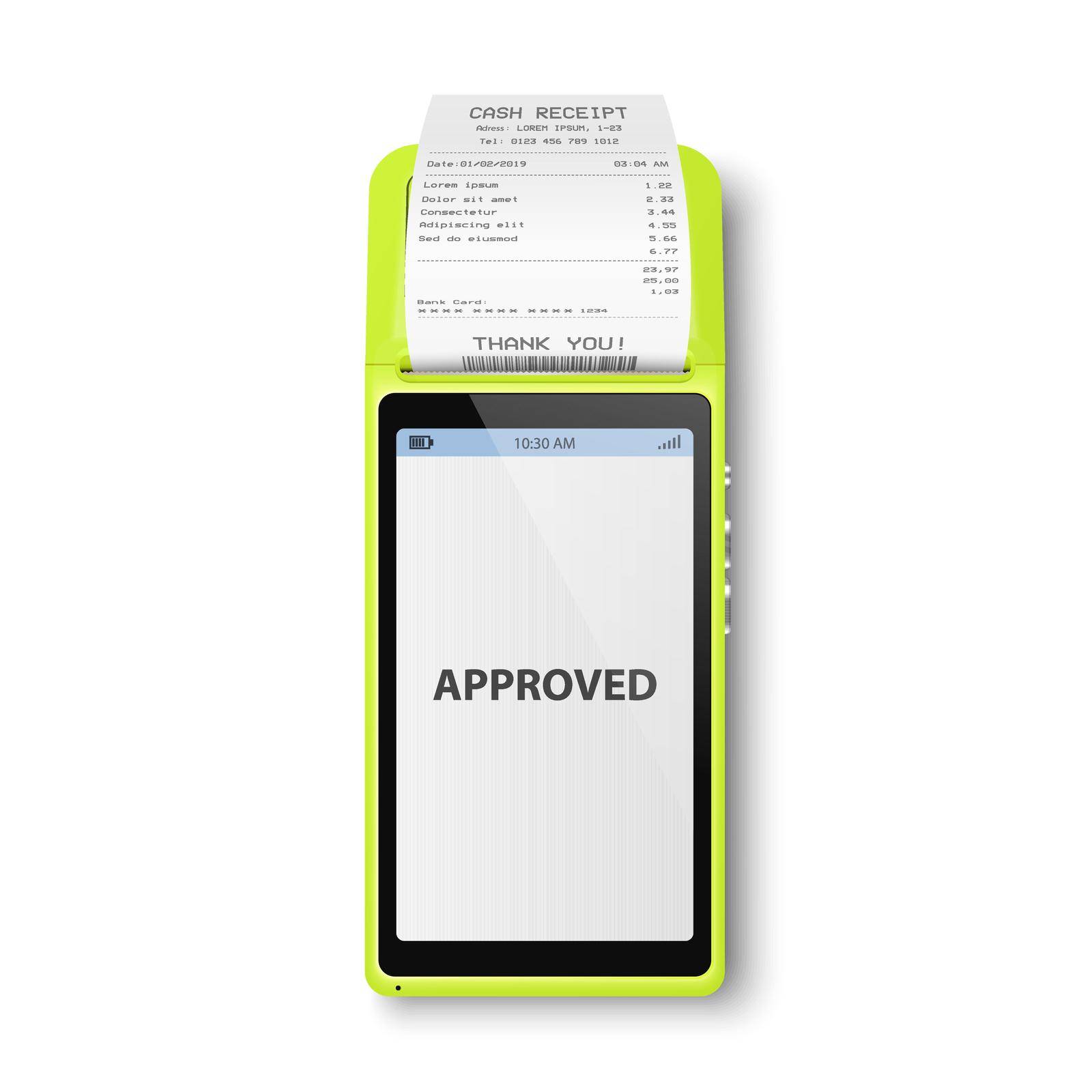 Vector 3d NFC Payment Machine, Approved Status and Paper Check, Receipt Isolated. Wi-fi, Wireless Payment. POS Terminal, Machine Design Template of Bank Payment Contactless Terminal, Mockup. Top VIew.