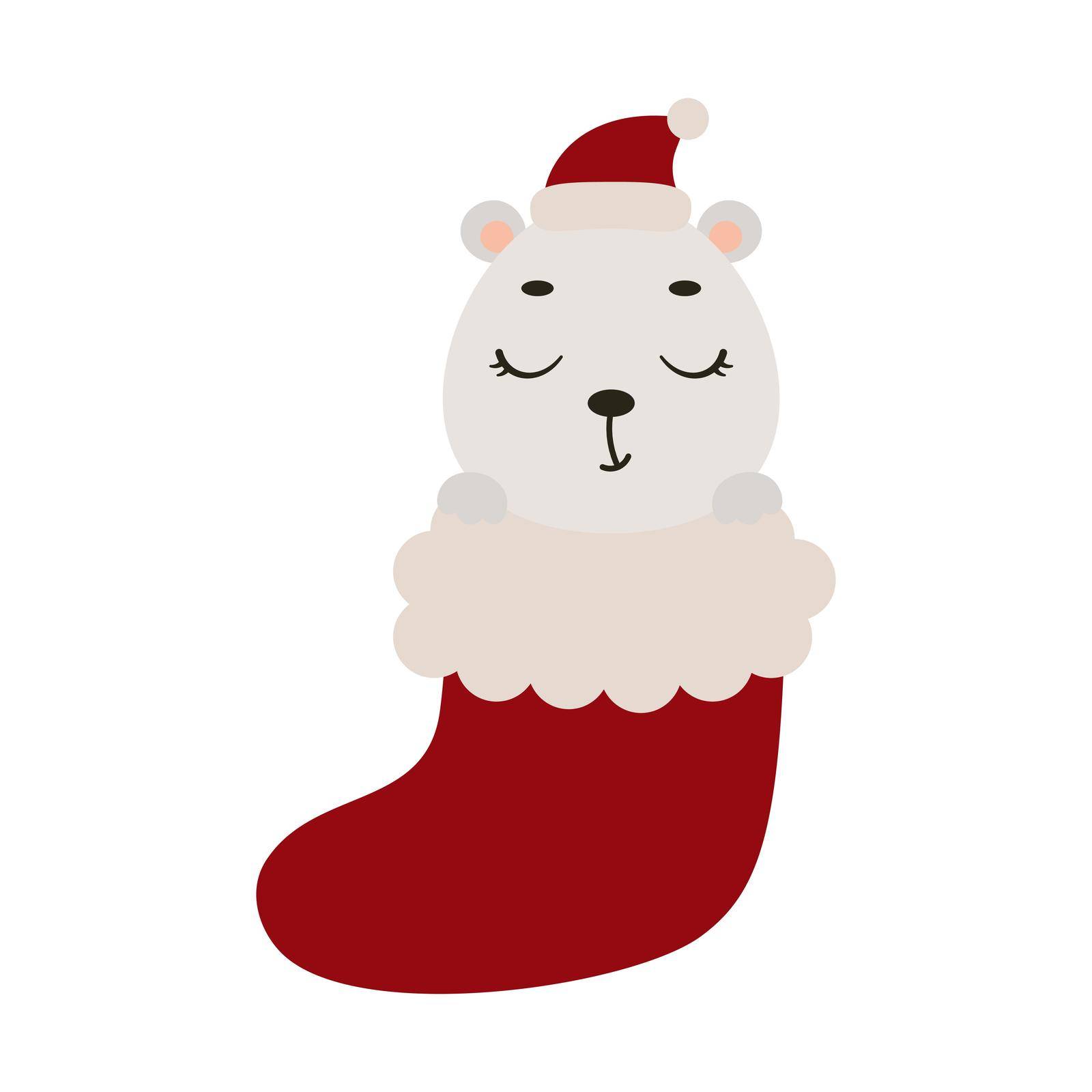 Cute little polar bear in Christmas sock. Cartoon animal character for kids cards, baby shower, invitation, poster, t-shirt composition, house interior. Vector stock illustration.
