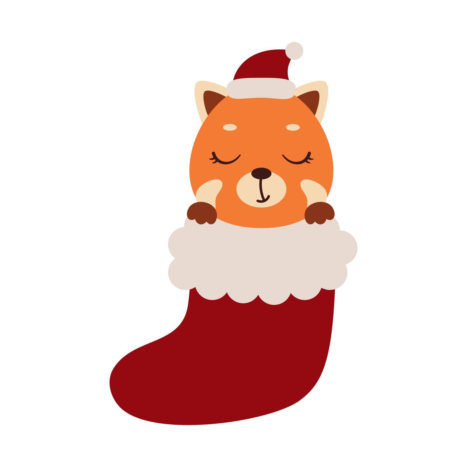 Cute little red panda in Christmas sock. Cartoon animal character for kids cards, baby shower, invitation, poster, t-shirt composition, house interior. Vector stock illustration.
