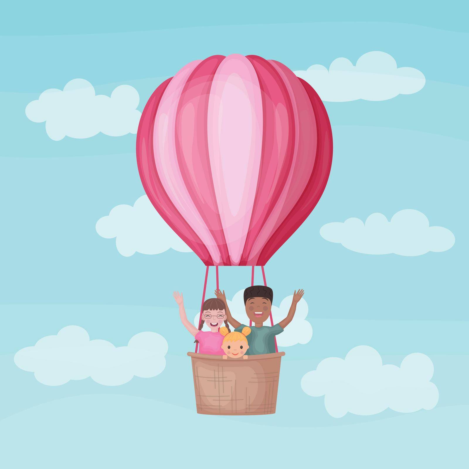 Balloon with children. Different black and white children in a hot air balloon. Funny kids are flying in a balloon and waving their hands. Funny travelers. Vector illustration.