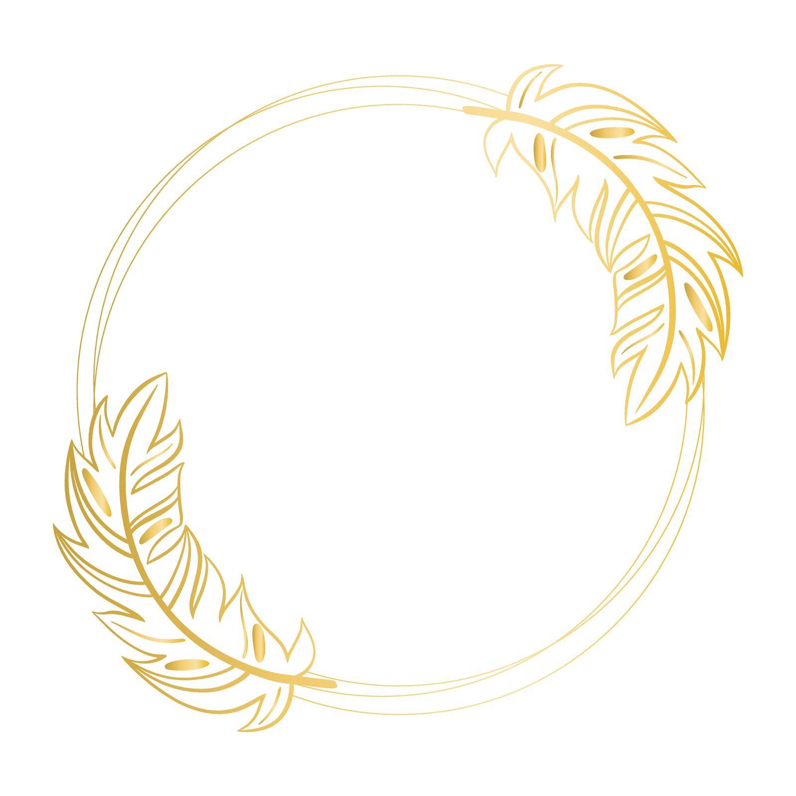 Graceful golden round frame with feathers. Gold wreath with gold decorated feathers. Rim for invitation, postcard or congratulations. Circular template vector illustration