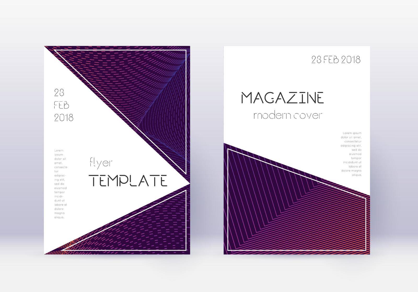 Triangle cover design template set. Violet abstract lines on dark background. Interesting cover design. Breathtaking catalog, poster, book template etc.