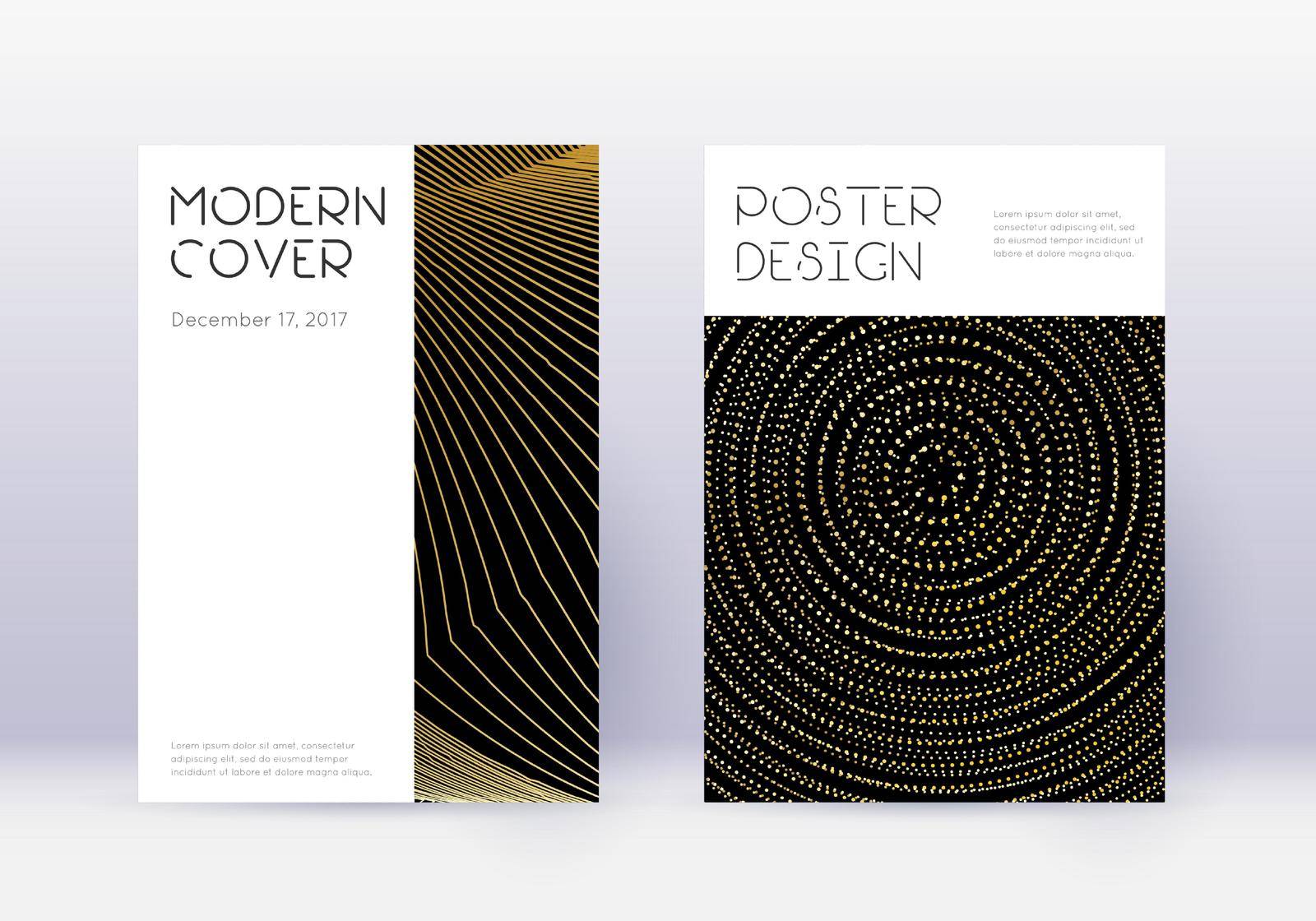 Minimal cover design template set. Gold abstract lines on black background. Cute cover design. Appealing catalog, poster, book template etc.