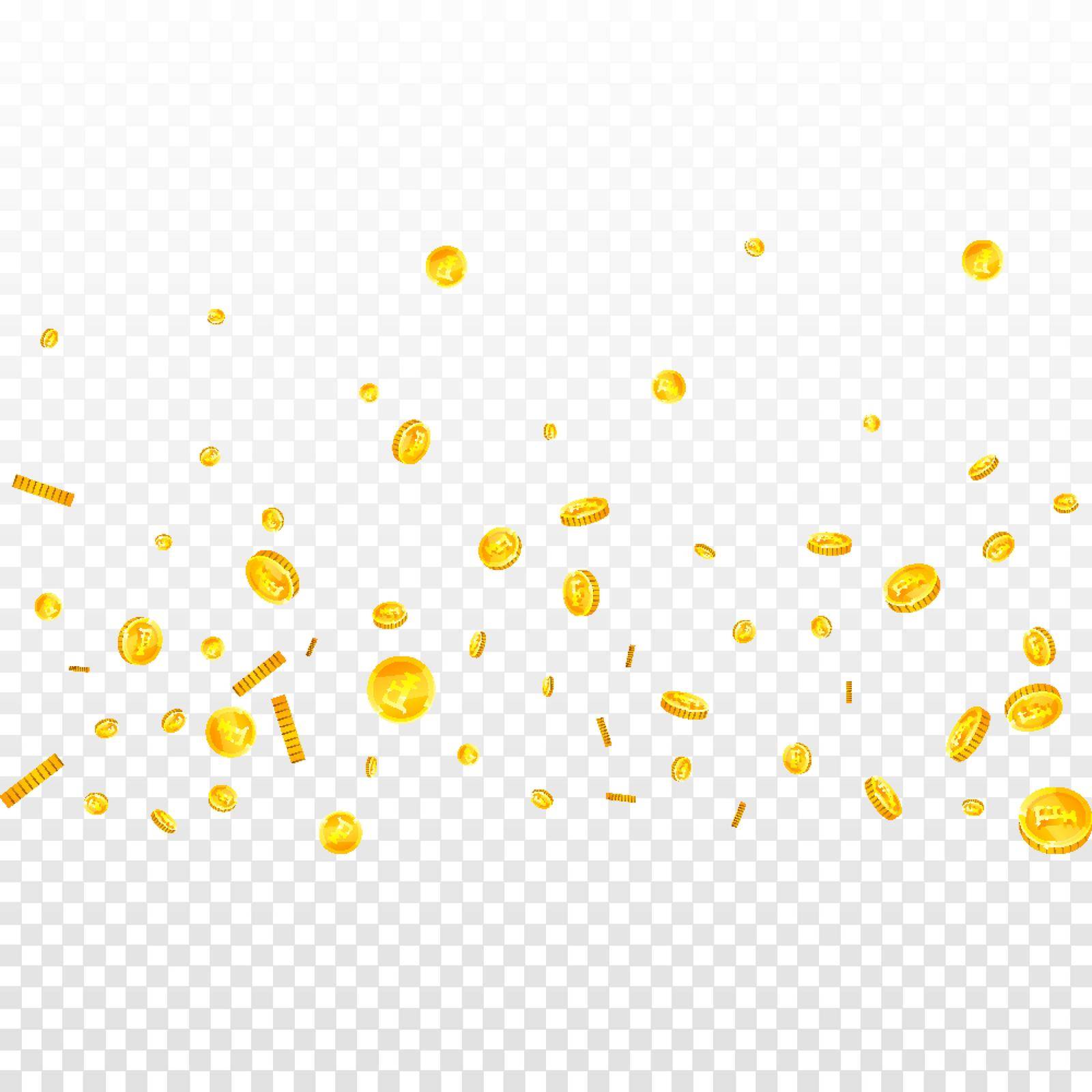 Swiss franc coins falling. Gold scattered CHF coins. Switzerland money. Great business success concept. Square vector illustration.