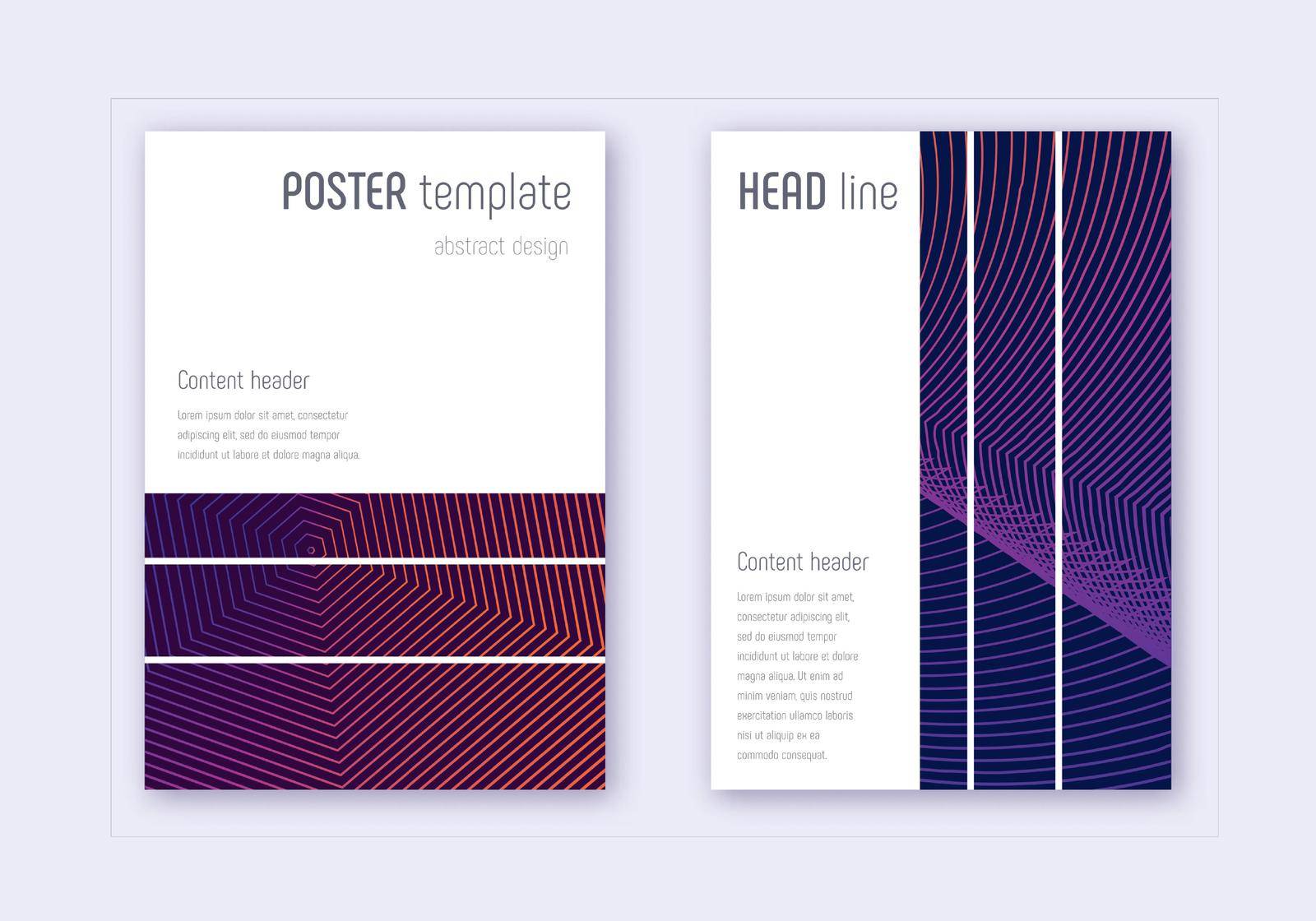 Geometric cover design template set. Violet abstract lines on dark background. Bold cover design. Awesome catalog, poster, book template etc.