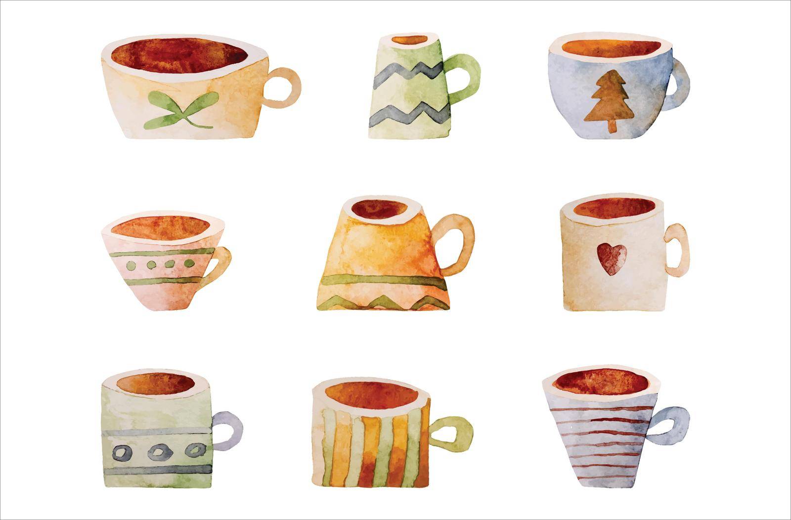 Beautiful cups vector watercolor illustration as symbol of warm autumn beverage. Variaty of aquarelle mugs paintings