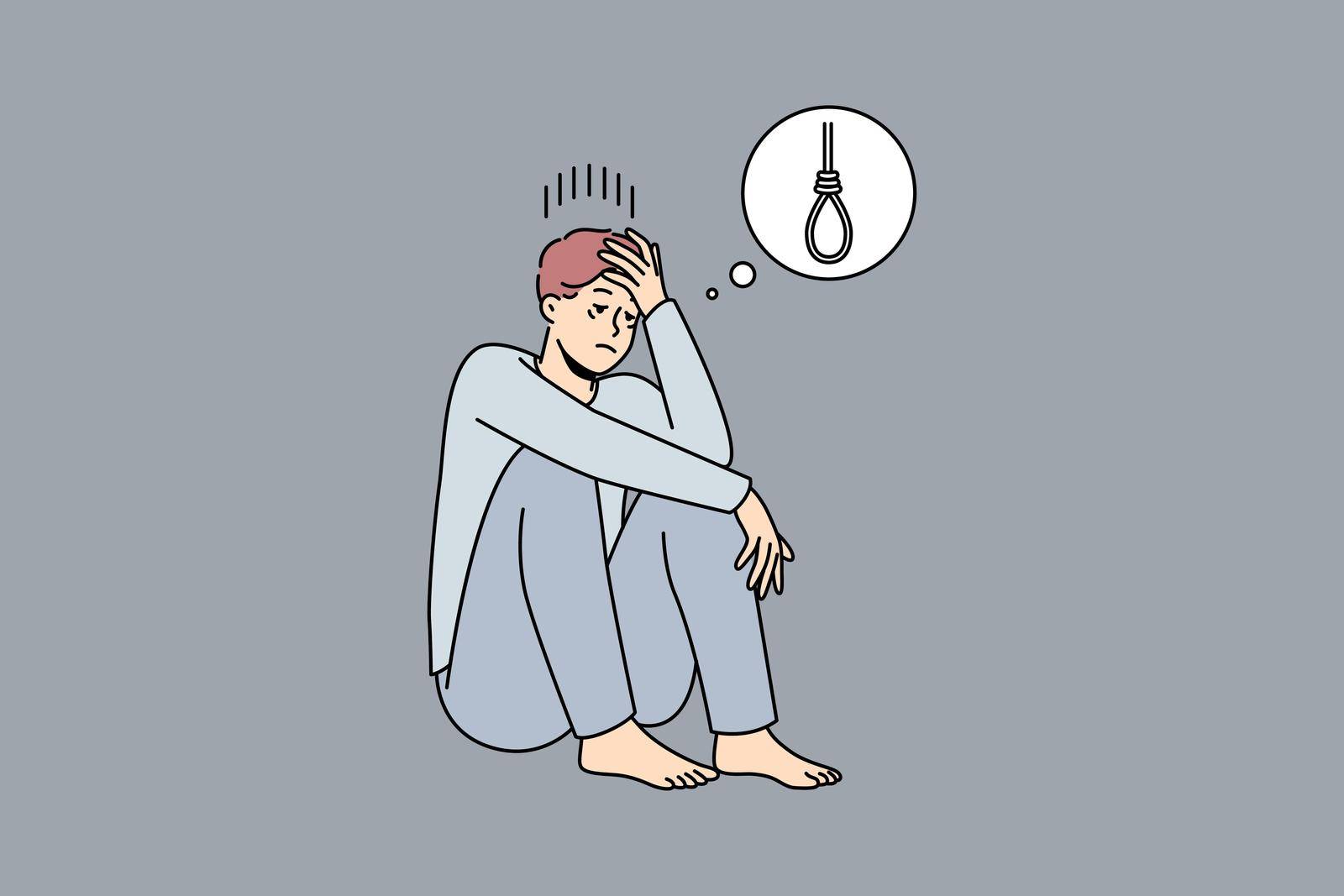 Depressed young man thinking of suicide. Unwell sad male feel depression suffer from mental problems want to end life. Vector illustration.