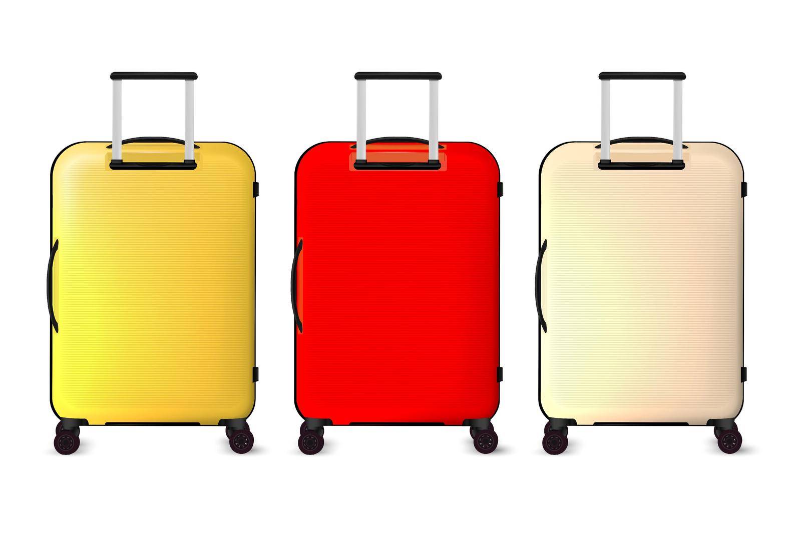 3d vector illustration set of luggage suitcase travel bags. Journey baggage cases on wheels with handles, realistic vacation tourist bag. Airport carry briefcase, plastic voyage trolley. by Samodelkin20