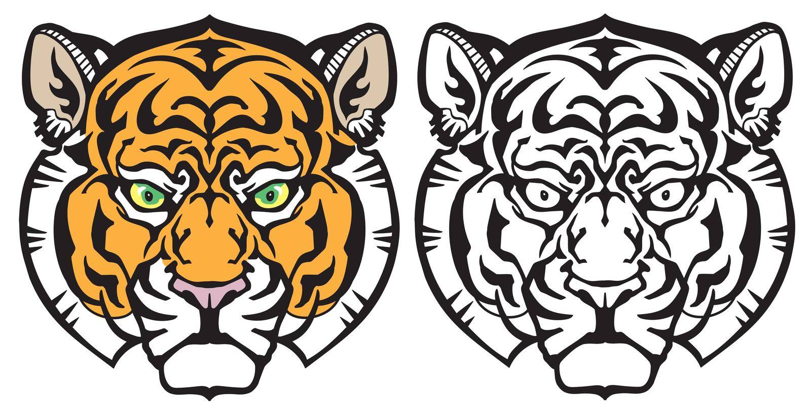Head of a calm tiger. Front view. Black and white and colour options. Isolated vector illustration. Tattoo