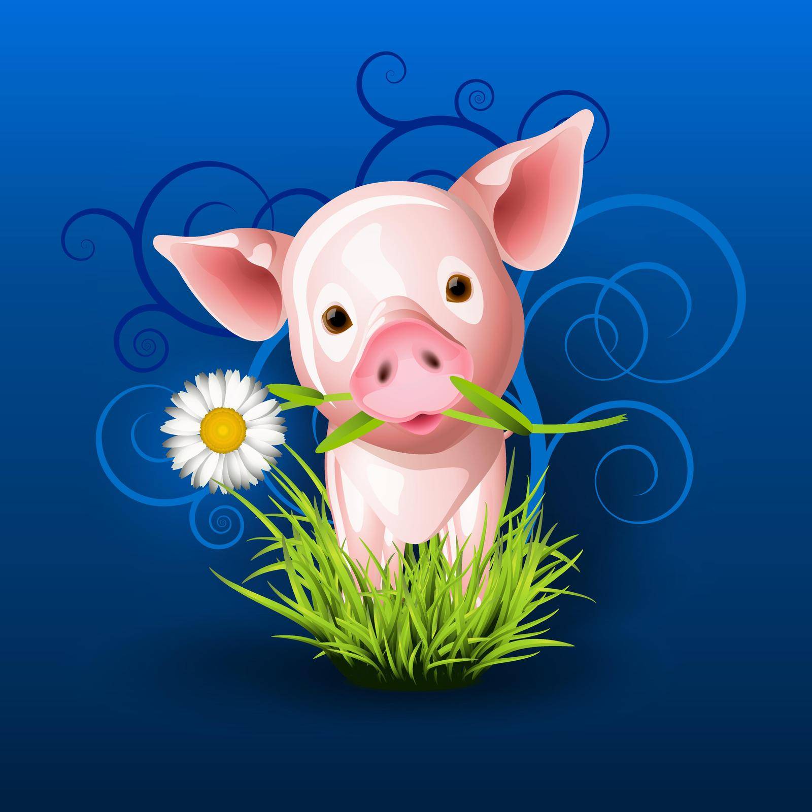 Little pink pig in grass over blue by Tilo