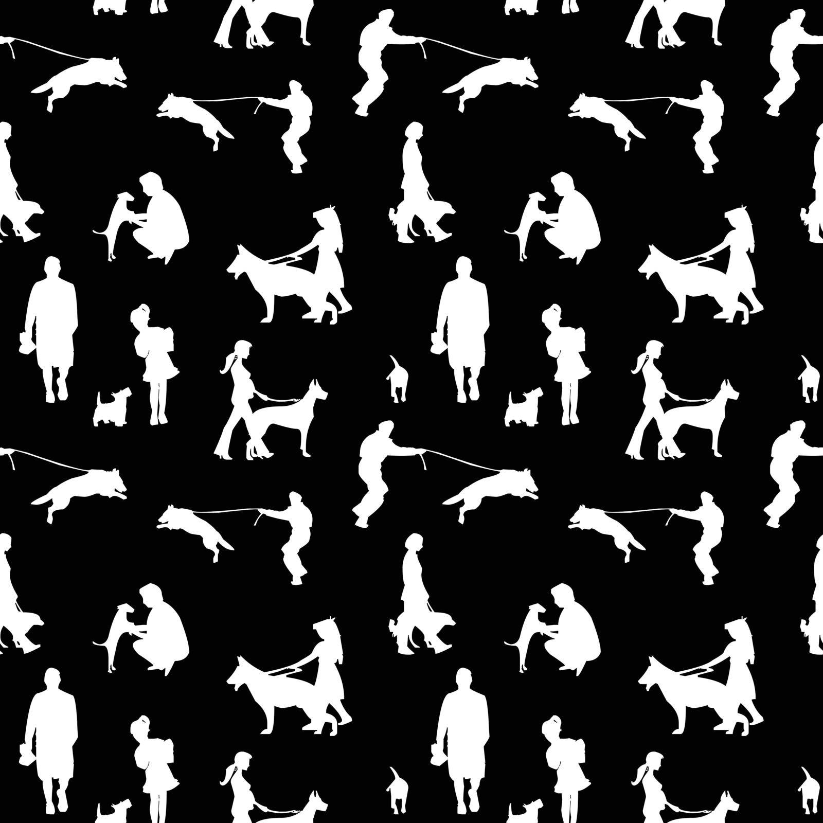 Seamless pattern of pet and owners holding or walking a dog, Barkitecture concepts black and white by FokasuArt