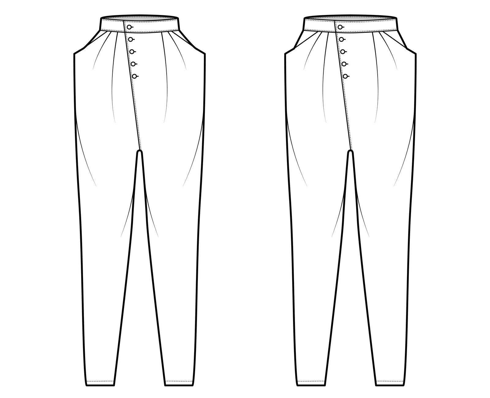 Set of Tapered Baggy pants technical fashion illustration with low normal waist, high rise, slash pockets, draping front. Flat apparel template, white color style. Women, men, unisex CAD mockup