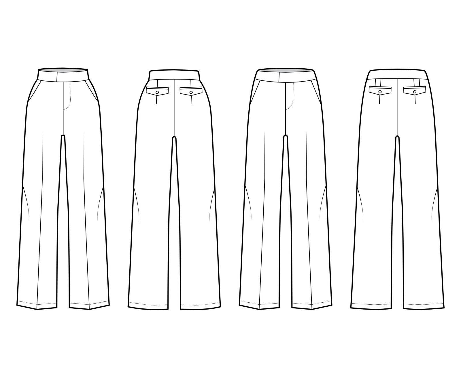 Set of Pants tailored technical fashion illustration with extended normal low waist, high rise, full length. Flat casual bottom apparel template front, back, white color. Women men unisex CAD mockup