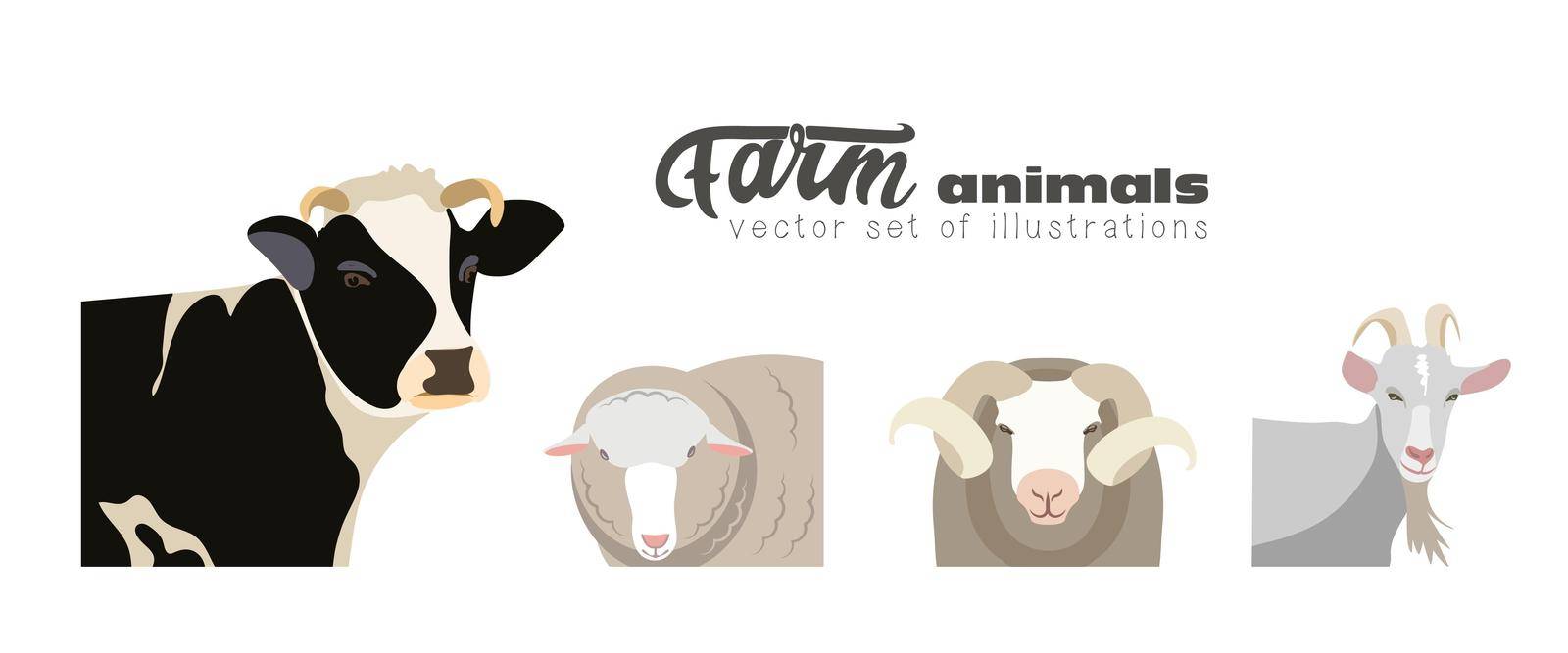 A set of farm animals. Domestic cattle Horse, Cow, Goat, Sheep und Ram