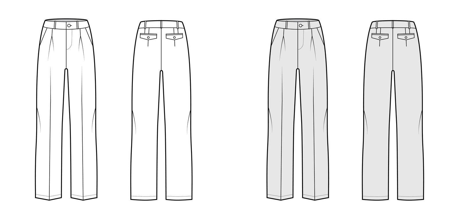 Pants tailored technical fashion illustration with low waist, rise, slant slashed flap pockets, single pleat, belt loops. Flat casual bottom trousers front, back white grey color. Women men CAD mockup