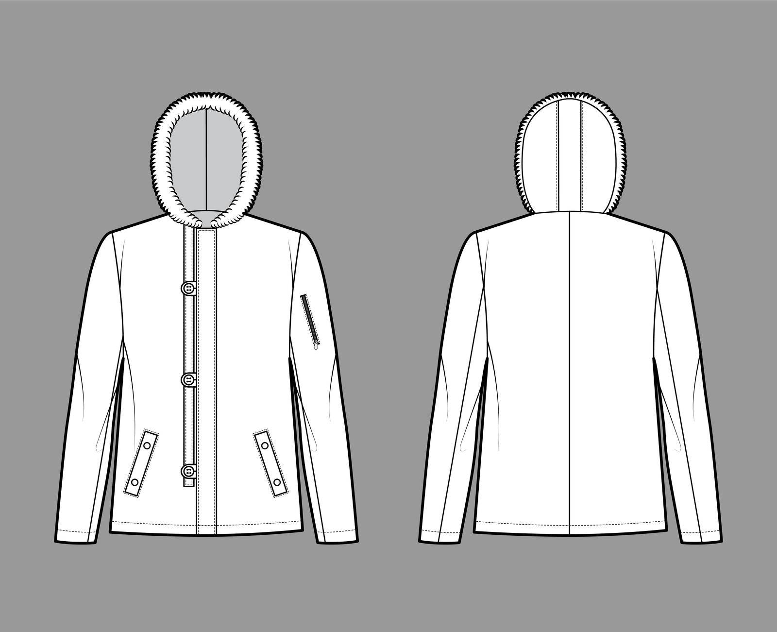 N-2B flight jacket technical fashion illustration with oversized, fur hood, long sleeves, flap pockets, button loop opening. Flat coat template front, back white color style. Women men top CAD mockup