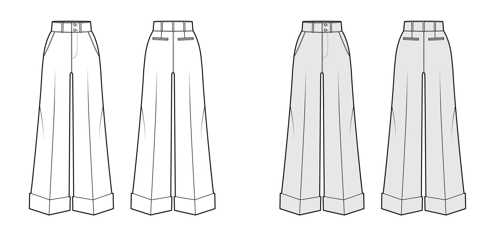Pants oxford tailored technical fashion illustration with normal waist, high rise, full length, slant jetted pockets. Flat trousers apparel template front, back white, grey color. Women men CAD mockup