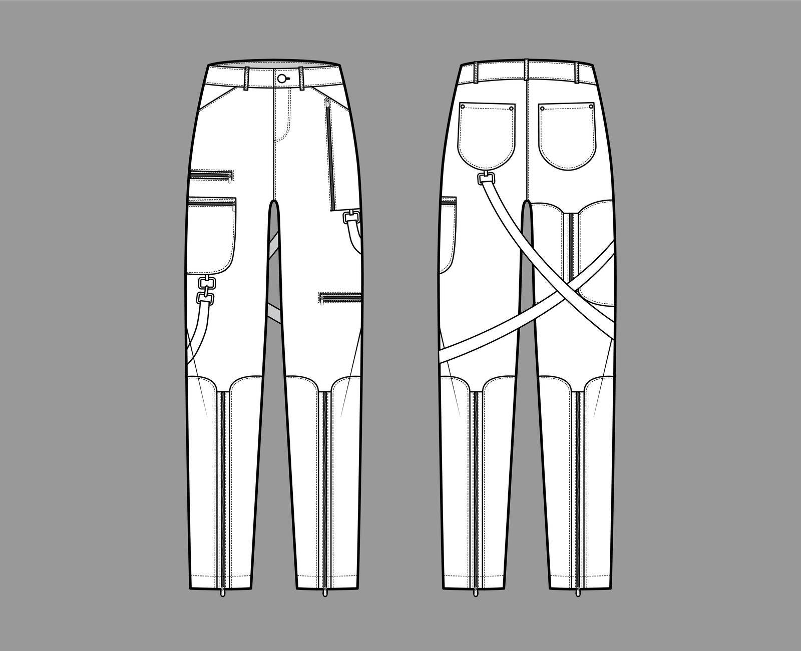 Bondage pants technical fashion illustration with low waist, rise, pockets, belt loops, full lengths Flat bottom apparel by Vectoressa