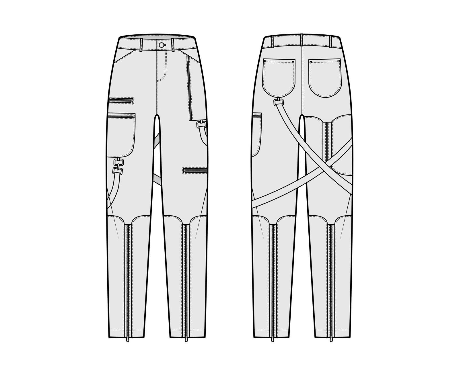 Bondage pants technical fashion illustration with low waist, rise, pockets, belt loops, full lengths Flat bottom apparel by Vectoressa