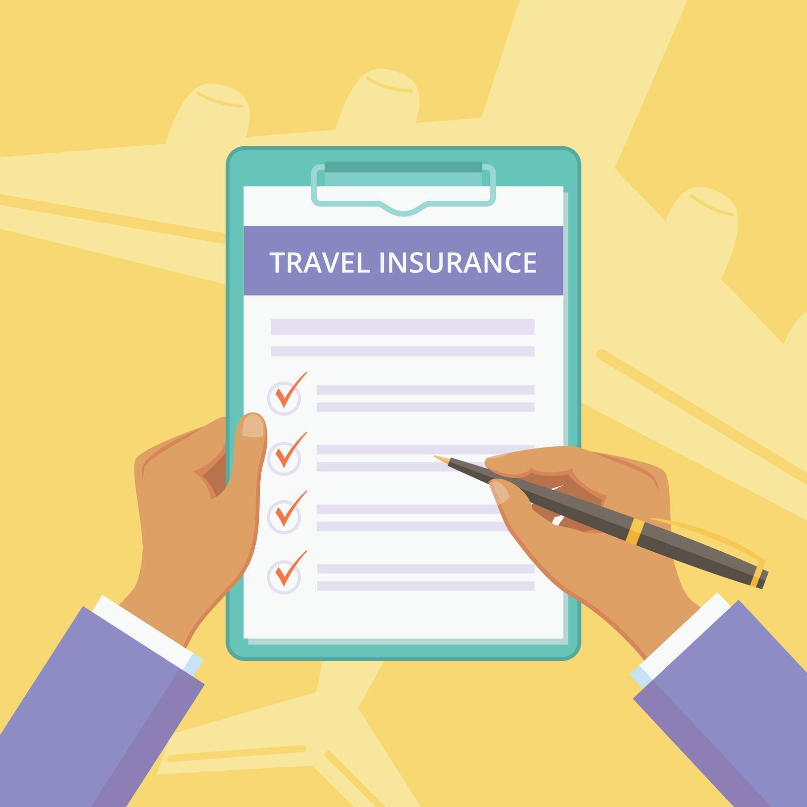 Travel insurance policy with hands on clipboard vector illustration. Vacation protection plan concept with insurance survey on clipboard, flat man hands filling travel policy on yellow background