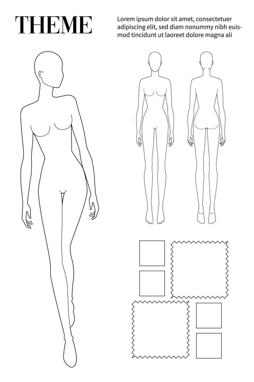 Fashion template for fashion designer. 9 head size for technical drawing with text and fabric swatches. Lady figure front and back view. Vector outline girl for fashion sketching and illustration.